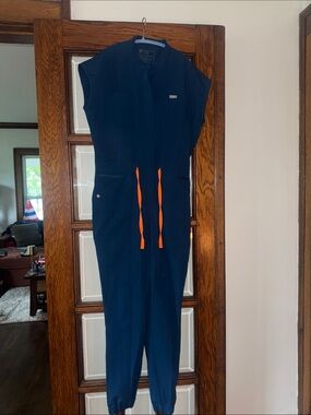 FIGS Navy Jumpsuit with Bright Orange Drawstrings